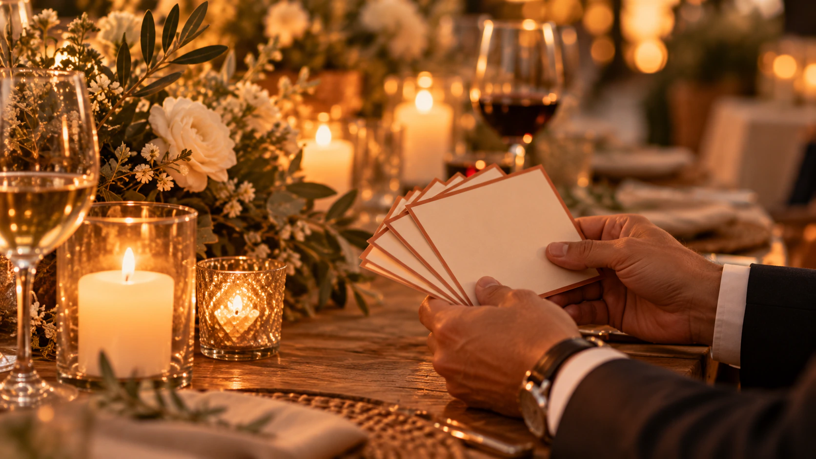 Imagen conceptual: manos sosteniendo tarjetas de preguntas en una mesa con velas y copas