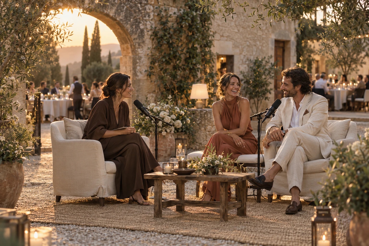 Imagen conceptual con IA de un plató cálido con asientos, micrófonos y una presentadora conversando con invitados