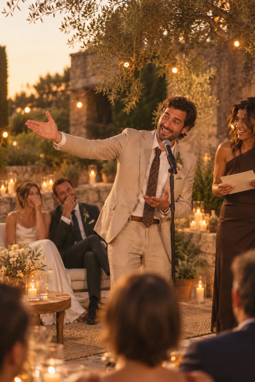 Imagen conceptual: un invitado presenta a los novios como en un anuncio mientras ellos se ríen