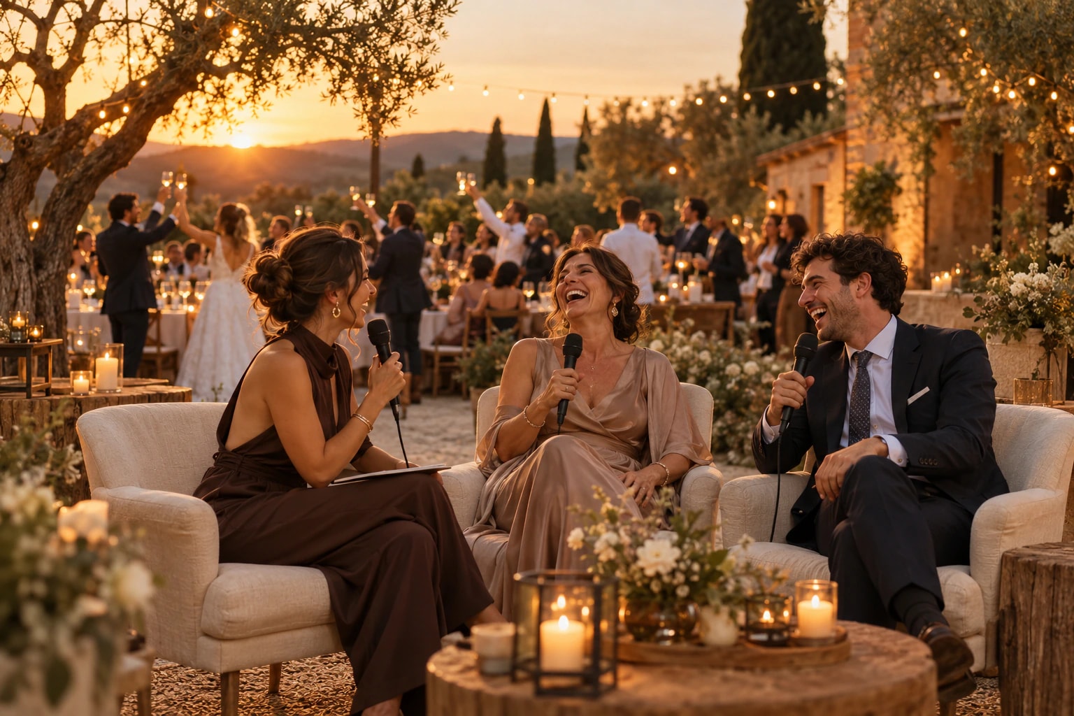 Imagen conceptual: una presentadora entrevista a dos invitados en un rincón del banquete de boda, con los novios brindando al fondo